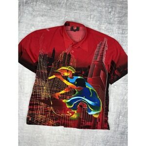Vintage Sword Shirt Mens Medium Red Hip Hop All Over‎ Print Button Up Y2K Ricky